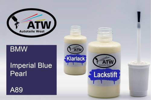 BMW, Imperial Blue Pearl, A89: 20ml Lackstift + 20ml Klarlack - Set, von ATW Autoteile West.